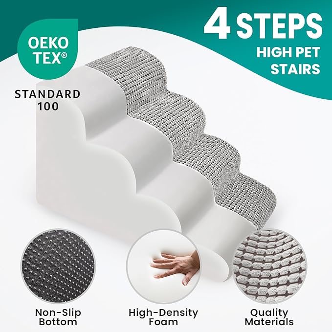 Dog Stairs for Small Dogs, 20.5" H 4 Step Curved Dog Ramp for High Bed and Couch, Foam Dog Ramp with Durable Non-Slip Waterproof Fabric Cover, Pet Stairs for Pets Joints, Light Grey