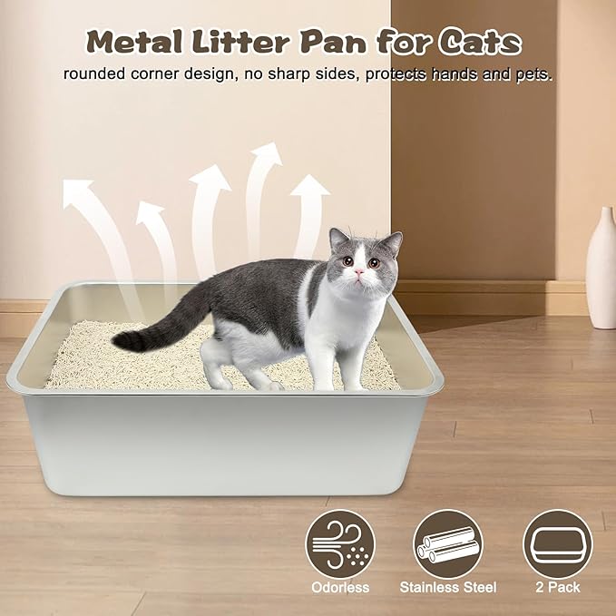 Rypet 2Packs Stainless Steel Litter Box Metal Litter Box for Cats High Back Litter Boxes Non-Stick Cat Poop Box๏ผEasy to Clean(23.6"*15.8"*7.9")