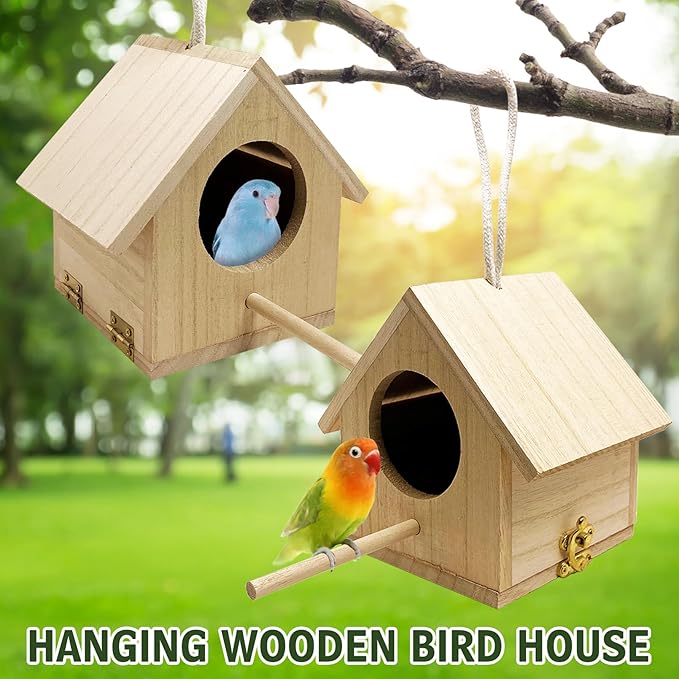Tfwadmx Wooden Bird House, Pack of 2 Hanging Birdhouse for Outside, Wooden Nests Box Garden Patio DIY Decorative for Robin Budgie Swallow Little Sparrow Finch Throstle or Medium Size Birds