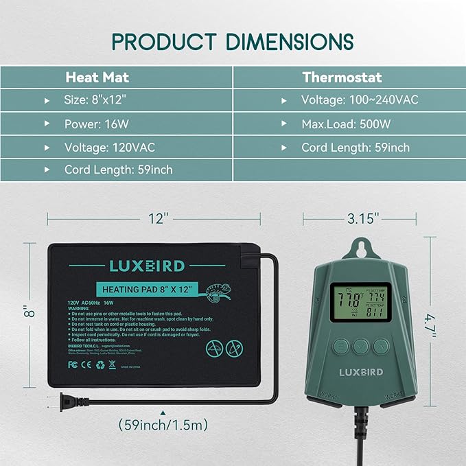 Luxbird Reptile Heating Pad 8x12 Inch with Dual Output Reptile Thermostat LB-2SC Combo Set Under Tank Terrarium Heating Mat for Turtles, Lizards, Frogs, and Other Reptiles