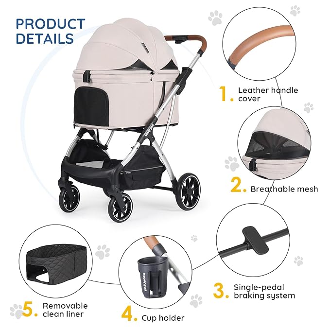 T5 Luxury Pet Stroller for Medium Dog Under 60lbs or 2 Small Dogs & Cats with 180 ̊Canopy, Sun Shades, Auto-Folding Stroller for Multiple Pets(Beige)