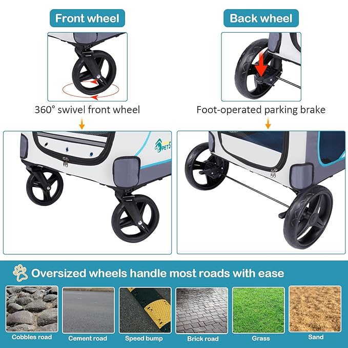 Ownpets Extra-Large Dog Stroller for Large Dogs Up to 154lbs, with Hanging Storage Bag, Foldable Dog Wagon with Adjustable Handle & Breathable Mesh, 4 Wheels Pet Stroller