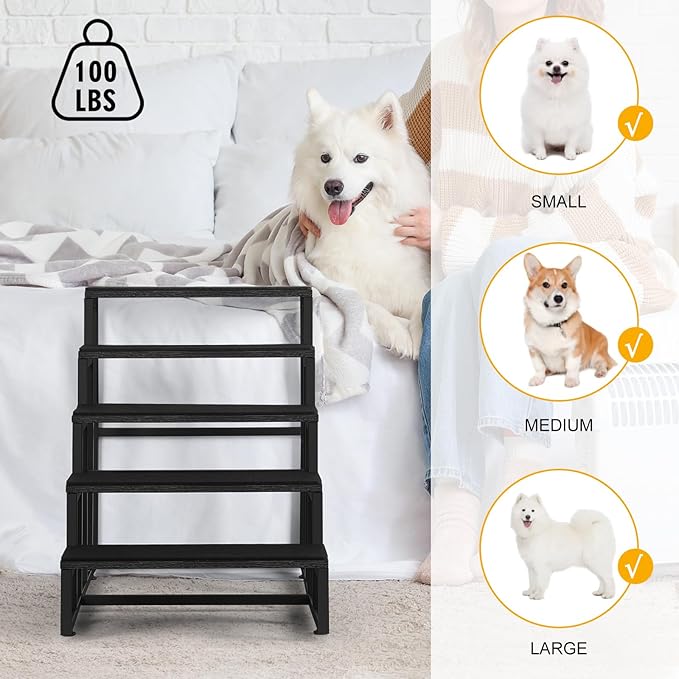 5 Steps Wooden Dog Stairs for Small & Large Dogs, High & Tall Beds - Black, Supports up to 100 lbs