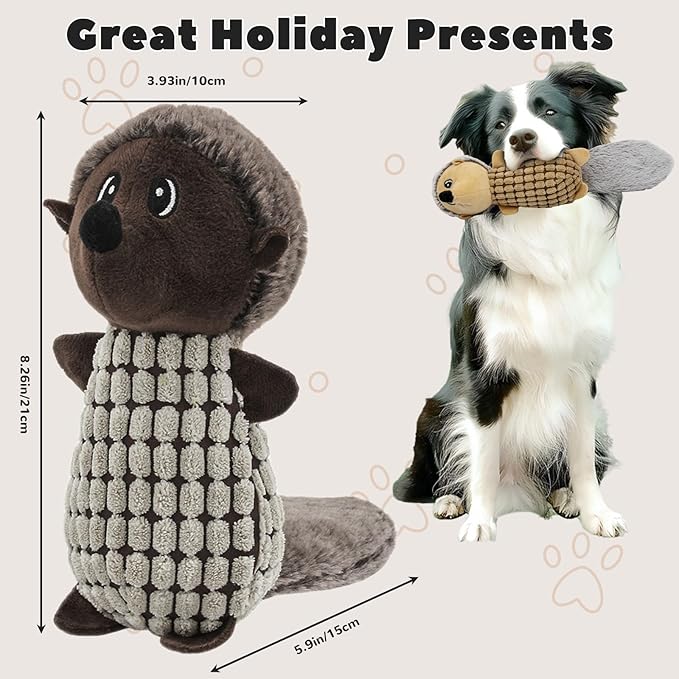 Crinkle Dog Toys Squeaky Plush No Stuffing Cute Puppy Stuffless Tough Rop Pull Toy, Fun Dog Stuffed Animals Durable Chew Set for Small Medium Large Pup (Large, Dark Brown+Brown Squirrel)