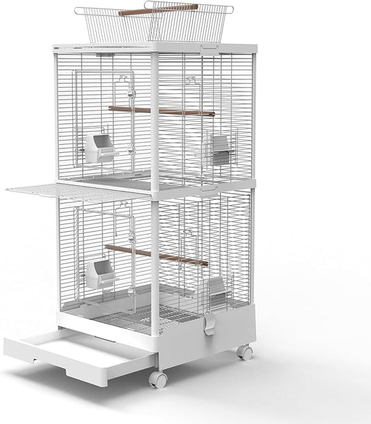 2-in-1 Dividable Double Flight Cage, Tall Bird Cage with Play Top & Clear View Front for Parakeets, Cockatiels, Lovebirds, 2-Level Breeder Cage on Wheels with 0.4" Bar Spacing & Accessories