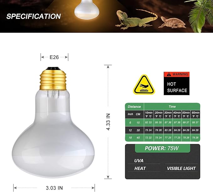 75W Reptile Heat Lamp Bulb/Light, UVA Basking Spot Heat Lamp Sun Light White Bulb for Bearded Dragon Lizard Tortoise Turtle, Reptiles & Amphibians - 4 Pack