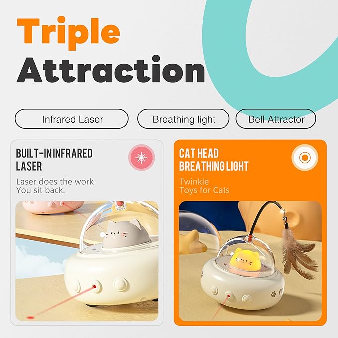 Li&Zhao Interactivity Cat Toy - Automatic Laser Feather Cat Toy, Rechargeable 2 in 1 Cat Electric Toy for Boring Indoor Adult Cats/Kittens(Beige)