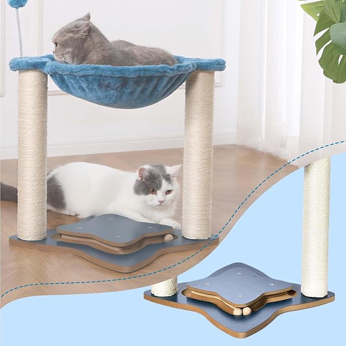Simple Deluxe Small Cat Tree Tower with Scratching Post, 4-in -1Cat Tree with Hammock,Dangling Ball,Natural Sisal Cat Scratcher,Wooden Interactive Track Ball Base for Indoor Kittens,18inches