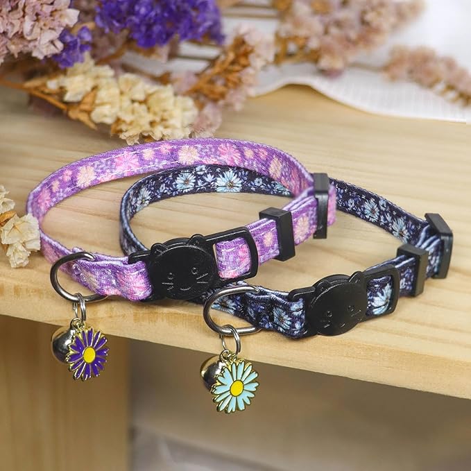 Cat Collar Breakaway, 2 Pack Cotton Cats Collars with Bells, Cute Flowers Shaped for Girl Boy Kittens, Purple and Blue