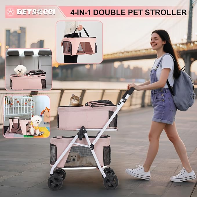Double Dog Stroller with 2 Detachable Carrier, Portable Pet Stroller for Small Dogs & Cats Folding Lightweight Puppy Travel Carriage, 4 Wheels, Pink