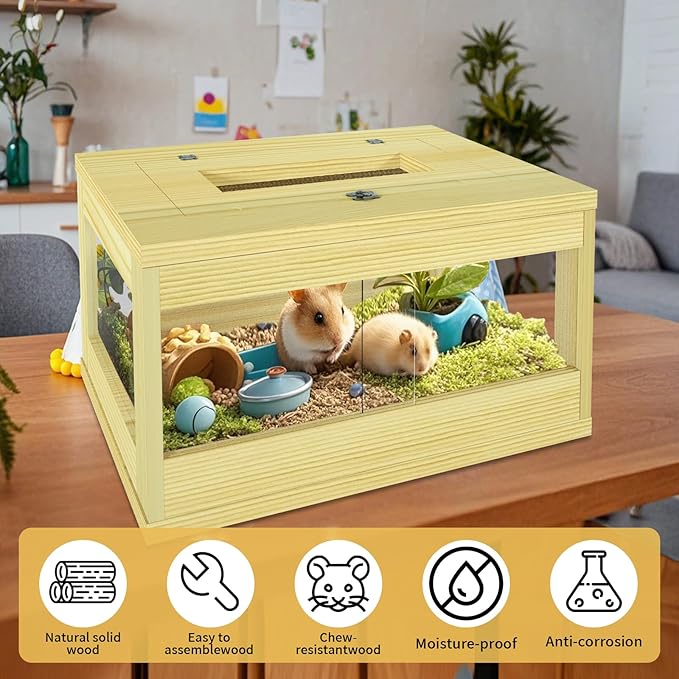 Mini Hamster Cage, Solid Wood Gerbil Cage, Chewproof Hamster Cages and Habitats, Sliding Doors, Top Ventilation Window, Guinea Pig Cages for Small Animals, Dwarf, Syrian, Mice, 20" x 12" x 10"