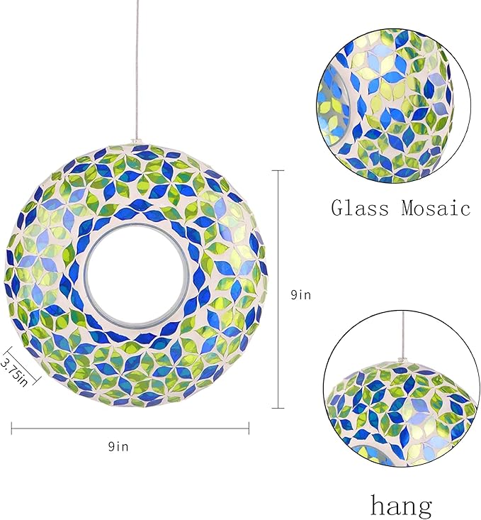 Wild Bird Feeder Fly Through Garden Hanging Bird Feeder Mosaic Circle Squirrel Proof for Outdoor Decoration,Blue and Green Flower