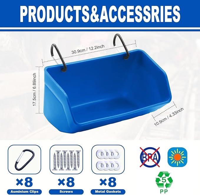 Fence Hanging Chicken Feeder - 4 Pack Feed Trough with Clips for Goat Duck Sheeple Horse Goose, Pig Poultry, Chicken Feeder Bucket Feeding Container for Livestock (Blue)