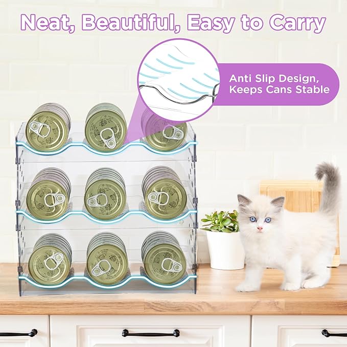 REFLYING Cat Food Can Organizer, 3-Layer Transparent Cat Food Storage Container Holds 54 (3.5oz) Cans, Canned Cat Food Organizer and Storage for Countertop Kitchen Cabinet or Pantry Shelf(3 Layer)
