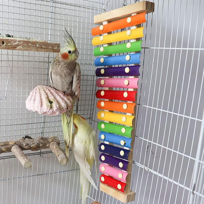 Dnoifne Large Colorful Bird Xylophone, Suspensible Funny Xylophone with 15 Metal Keys, Parrot Parakeet Budgies Love Birds Cage Toy Accessories