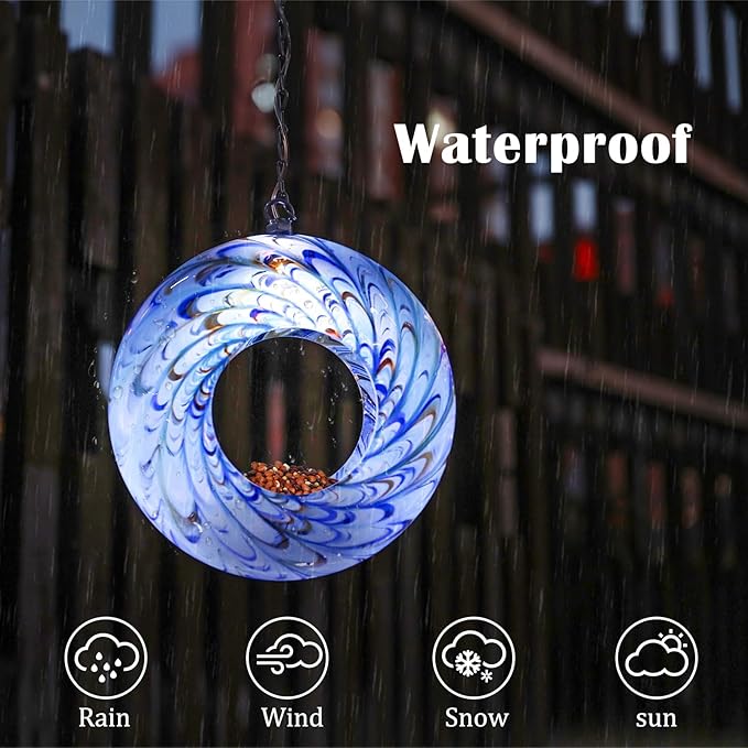 VCUTEKA Bird Feeder Solar Fly Through Bird Feeders for Outside Hanging with Round Shape Glass Container to Attract Wild Birds for Garden Decor, Solar Birdfeeder as Gift for Lovers, Light Blue 8-Inch