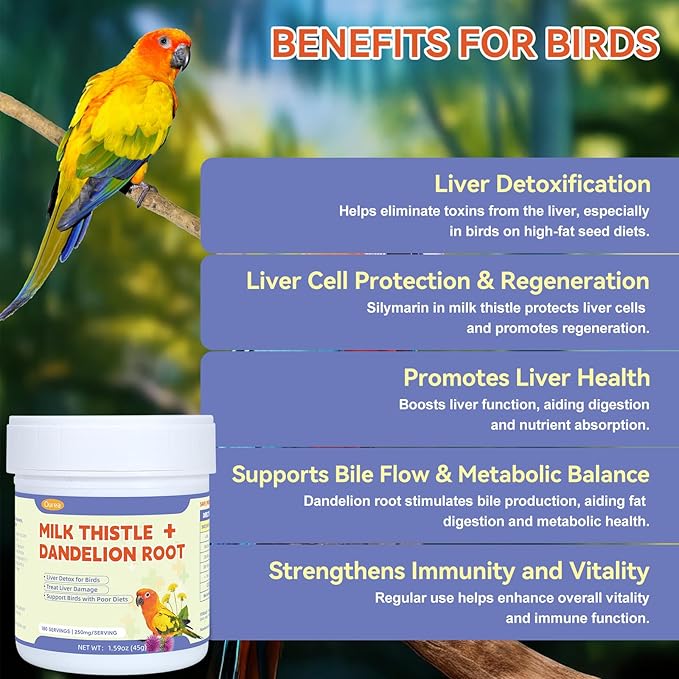 Avian Milk Thistle Dandelion Root Supplement for Parrots, Support Liver Heath Powder for Budgies Cockatiels, Daily Natural Herbal Birds Detox Dietary Formula, Alcohol-Free 180 Servings