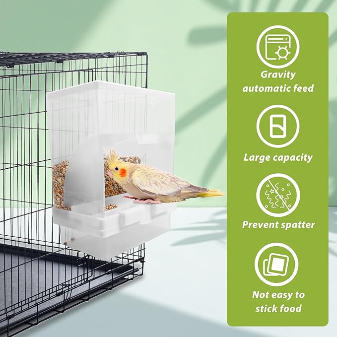 PINVNBY 2 PCS No Mess Bird Feeder Water Dispenser Set, Automatic Birds Water Feeder, Parakeet Seed Food Feeding Drinker for Cage, Plastic Parrot Feeder Accessories for Parakeets Cockatiel Lovebird