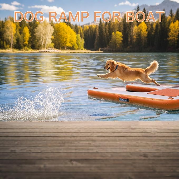 ALIFUN Inflatable Dog Ramp Floating Dock Water Raft Ladder for Pool, Boat, Non-Slip EVA Floating Ladder for Dog Up to 220 LBs Borange 140CM Length