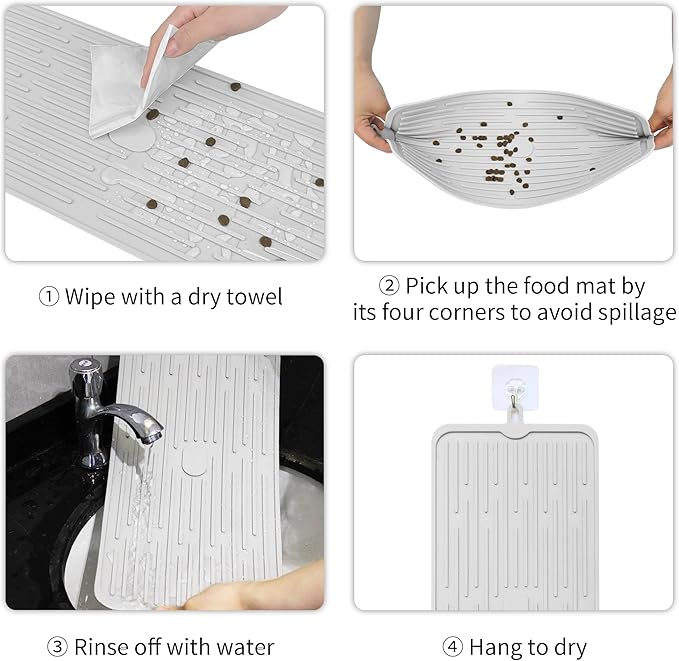 Ptlom Pet Placemat for Dog and Cat, Anti-Slip Waterproof Dogs Feeding Mat Prevent Food and Water Overflow, Bowl Mats Suitable for Medium and Small Pets, Light Gray, Silicone