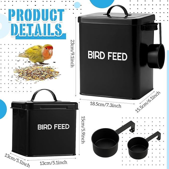 2 Pcs Metal Bird Seed Container with Scoop, Bird Feed Storage Container with Fitted Lid, Ideal Gift for Birds and Pet Owners (Black)