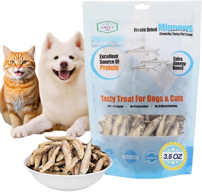 Amzey Minnows - 3.5 oz Freeze Dried - 100% Natural Premium Cat & Dog Treats - Bulk Package (1.6" to 2.8" Length Each)