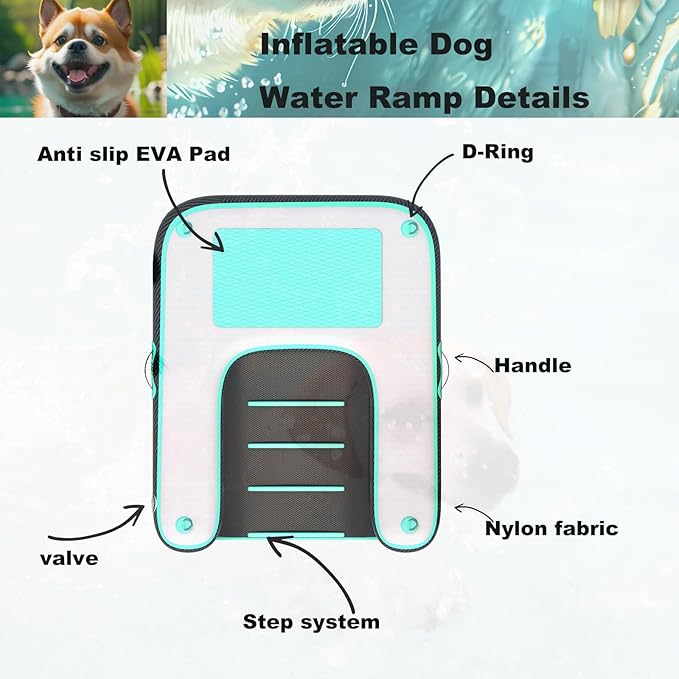 HEYLIFE Inflatable Dog Water Ramp Pool Ladder for Boats Docks Raft Swimming Pools Pet Stairs Floating Sports Platform Up to 220LBS Bgreen 4.9ft x 3ft x 4in