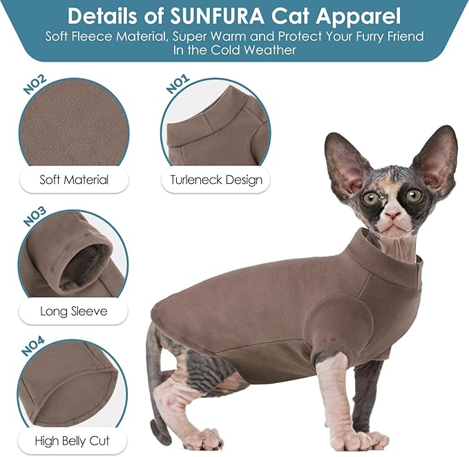 SUNFURA Turtleneck Sweater for Cat, Sphynx Cats Shirt Hairless Cat Sweaters with Sleeves, Warm and Soft Kitten Pullover Fleece Winter Pajamas Jumpsuit for Puppy Cats, Coffee XL