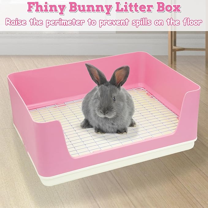 Fhiny Large Rabbit Litter Box for Cage, Plastic Guinea Pig Litter Pan with 6 PCS Disposable Pee Pads Potty Trainer Corner Toilet Box for Bunny Guinea Pigs Ferrets Chinchillas Small Animals (Pink)