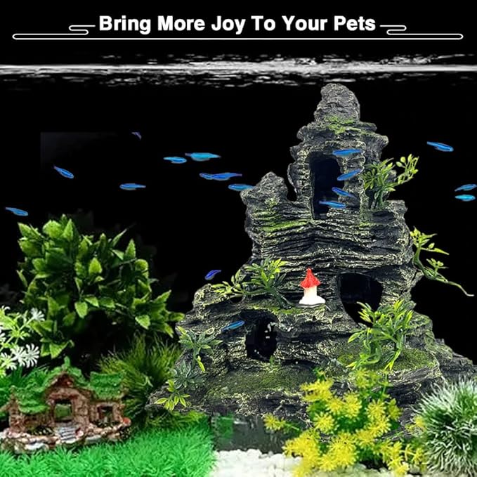 Large Aquarium Decorations Mountain View Stone Ornament Tree Rock Cave Artificial Fish Tank Ornament, Black