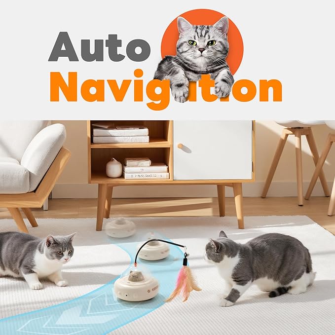 Li&Zhao Interactivity Cat Toy - Automatic Laser Feather Cat Toy, Rechargeable 2 in 1 Cat Electric Toy for Boring Indoor Adult Cats/Kittens(Beige)