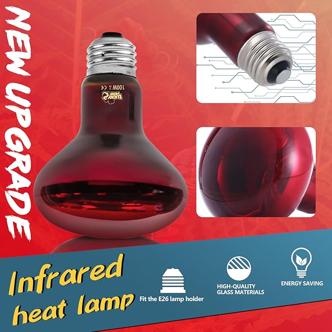 LUCKY HERP Infrared Heat Lamp 100W 2 Pack,Reptile & Amphibian Basking Spot Light Bulbs, Red Heat Lamp Bulbs for Reptiles, Bearded Dragon, Turtle, Lizard, Snake, Chicken