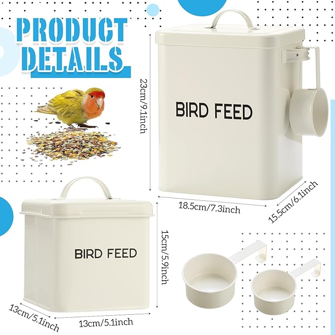2 Pcs Metal Bird Seed Container with Scoop, White Bird Feed Storage Container with Fitted Lid, Ideal Gift for Birds and Pet Owners
