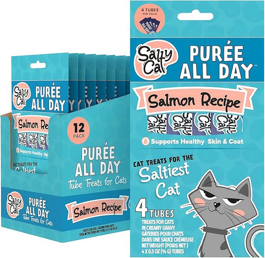 Salty Cat Creamy Purée Salmon Cat Treat – Lickable with Real Salmon, Squeeze Treats with No Preservatives, 14g Tube That Support Healthy Skin & Coat