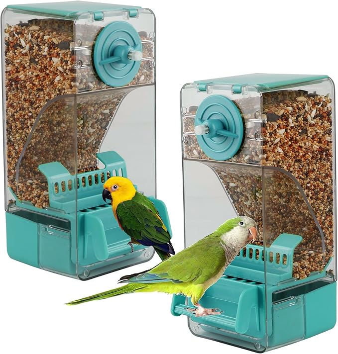 Bird Feeder No Mess 2PCS Automatic Clear Bird Seed Food Container Acrylic Parrot Feeder Dispenser Cage Accessories for Parakeet Budgies Cockatoo Canary Love Bird (Blue)