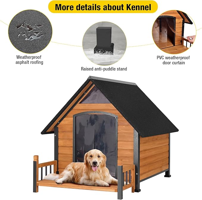 Dog House Outdoor, Insulated Dog Kennel Outside for Large Breed, 50.87" L Weatherproof Large Dog Shelter with Anti-Chewing Iron Frame (Brown, 50.87" D x 37.44" W x 37.2" H)