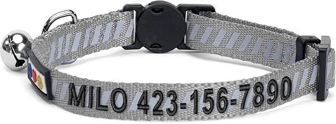 Pawtitas Personalized Cat Collar with Breakaway Safety Release Buckle Adjustable Length | Cat Collar with Custom Embroidered for Your Pet's Name and Phone Number | Grey Cat Collar with Removable Bell