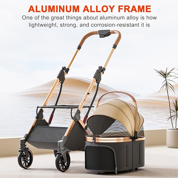 Dog Stroller with 4 Wheels, Folding Pet Stroller for Small, Medium Dogs and Cats up to 50lbs, Detachable Carrier, Storage Basket, Car Seat 3 in 1 Multifunctional (Brown)