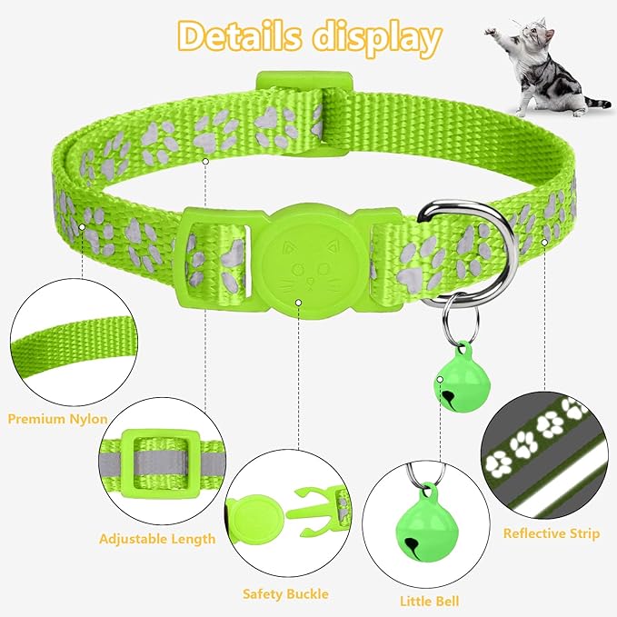 Taglory Kitten Collar Breakaway with Bell, 2 Pack Girl Boy Pet Kitten Collar Adjustable 6-8 Inch for 2-6 Months Cat, Green