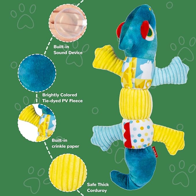 Crinkle Dog Toys Squeaky Plush No Stuffing Cute Puppy Stuffless Tough Rop Pull Toy, Fun Dog Stuffed Animals Durable Chew Set for Small Medium Large Pup (Large, Blue Chameleon)