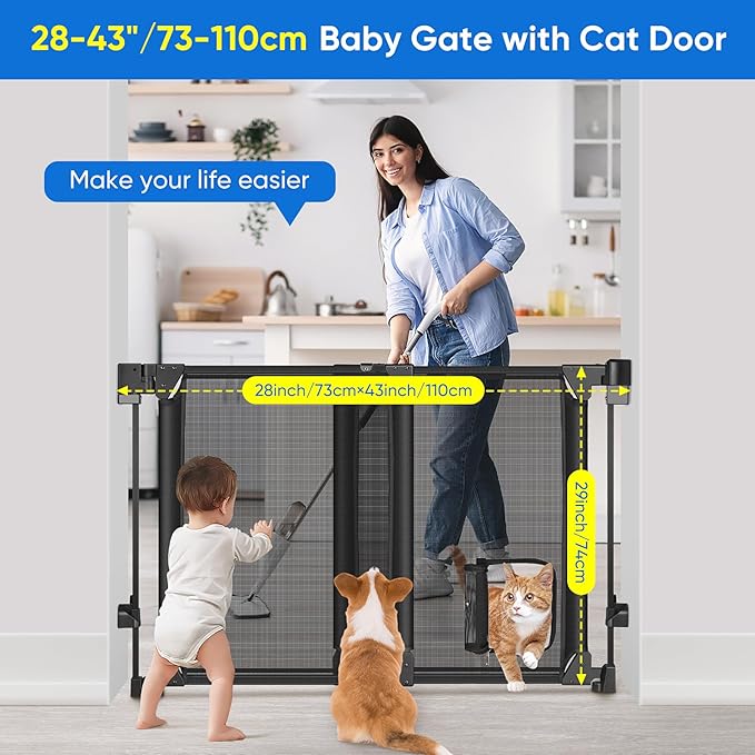 Upgraded 28-43" No Bottom Bar Baby Gate,Heavy-Duty Hardware Mount Dog Gate with Cat Door, Adjustable Baby Gate,for House/Stairs/Doorways Use, Safety Pet Gates, Walk Thru Door