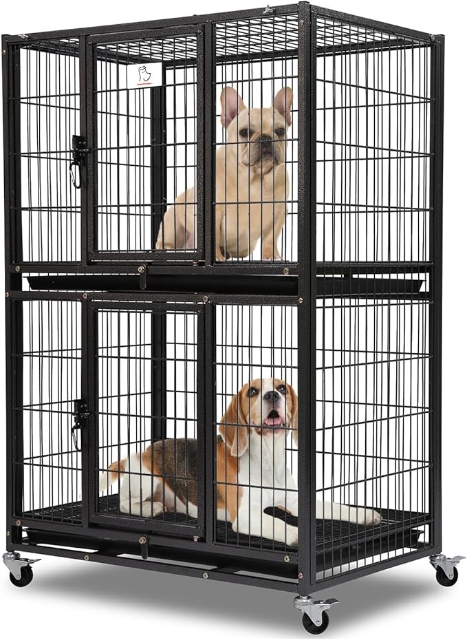 Homey Pet Six Packs 31 Inch Stackable Heavy Duty Dog Crate Cage Kennel with Four Lockable Wheels, Removable Tray, Escape Proof Wire Drop Dog Crates for Small Dogs (Two Tiers)