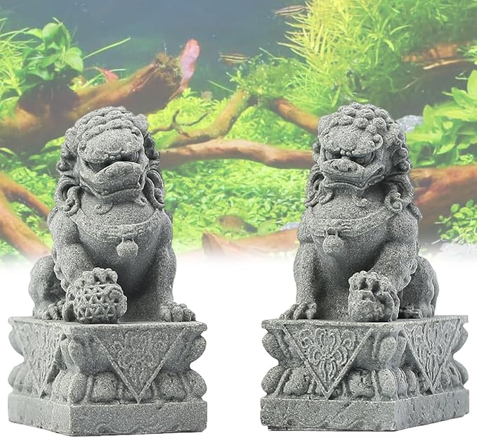 livelyfish Asian Fu Foo Dogs Pair of Two Guardian Lion Statues, Fish Tank Aquarium Sandstone Figurines Chinese Ornaments Feng Shui Decorations (M)