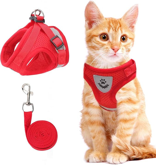 Cat Vest Harness and Small Dog Vest Harness for Walking, All Weather Mesh Harness, Cat Vest Harness with Reflective Strap, Step in Adjustable Harness for Small Cats (Red, Medium (Pack of 1))