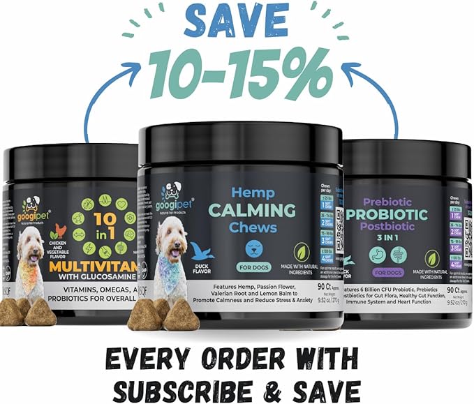 Googipet Hemp Calming Chews for Dogs - Separation Anxiety Relief for Dogs, Non-Drowsy Dog Calming Chews - Anxiety Relief Treats with Valerian Root, & Hemp - Helps Aid with Thunder, Shaking & Barking
