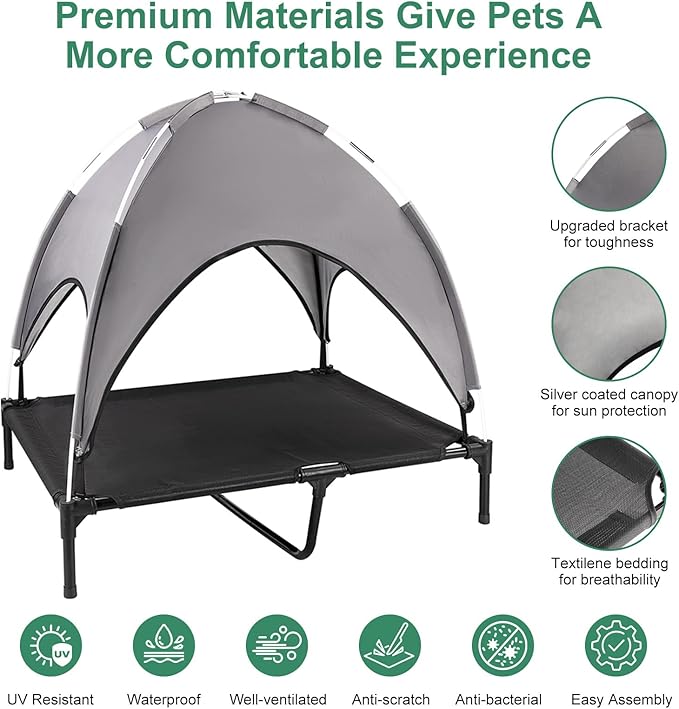 Elevated Outdoor Dog Bed with Canopy, Raised Dog Cot with Shade, Waterproof Dog Tent for Medium Large Dogs Portable Cooling Pet Bed with Breathable Mesh for Camping Beach, XL