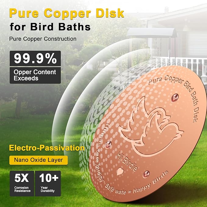Bird Bath Cleaner Disk: 99.99% Pure Copper Water Purifier, 0.6mm Reinforced & 3-Point Support, All-Season Universal Fit for Outdoor Baths | Gift a Bird Bath Cleaning Guide