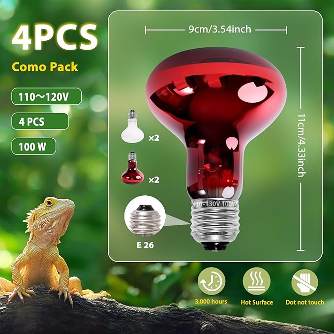 Infrared Heat Lamp,Reptile Heat Lamp, basking bulb 100w 4 Pack, basking light for bearded dragon, UVA UVB reptile light bulb for Bearded Dragon, Turtles, Tortoise, Lizard, Snake, Chameleon, Chicken