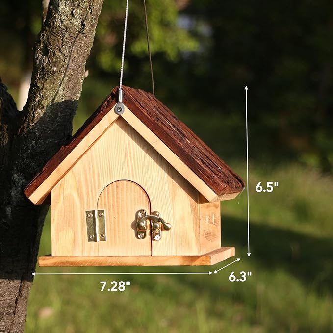 Wooden Bird Houses for Outside Hanging – Natural Pine Birdhouses for Outdoors with Bark Roof, Bluebird Nesting Box with Predator Guard for Wrens, Finches, Swallows, Nuthatches, Pre-Assembled