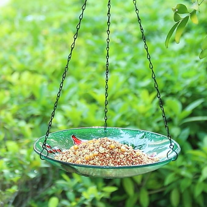 MUMTOP Hanging Bird Baths for Outdoors - Glass Bird Bath, 11 Inch Hanging Bird Bath Cardinal Bird Feeder Bowl for Outside, Garden, Lawn Yard Decor(Green)